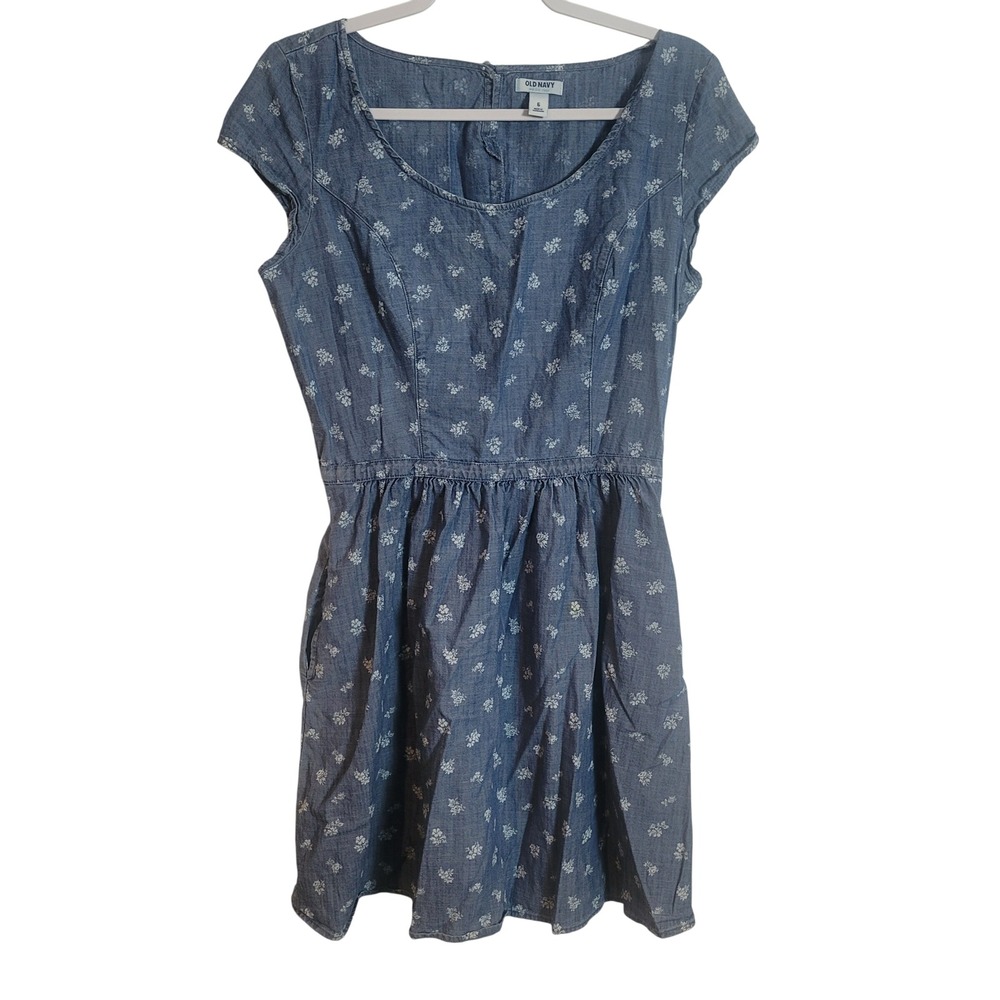 Old Navy Women Blue Floral Cotton Chambray Cap Sleeve Fit Flare Dress Size 6 Y2K